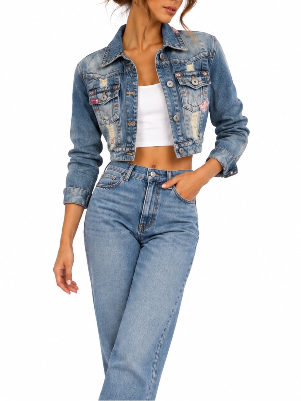 Vintage Picasso Y2K Cropped Denim Jacket Distressed Patchwork Grunge Boho S